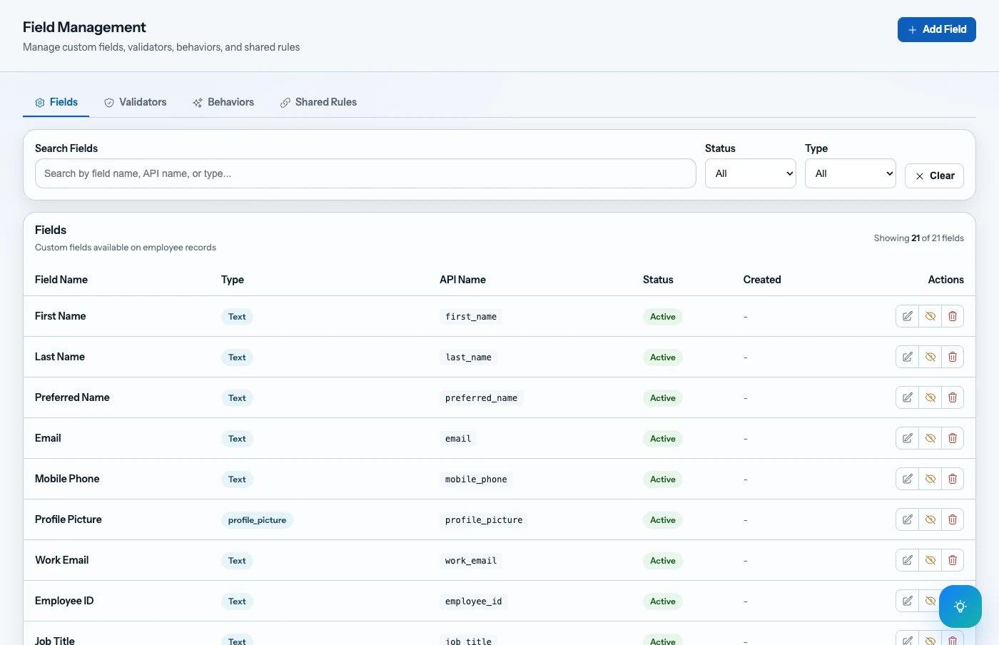 Muurel Field Management, listing custom employee fields with their type, API name, and active status, plus tabs for validators, behaviors, and shared rules.